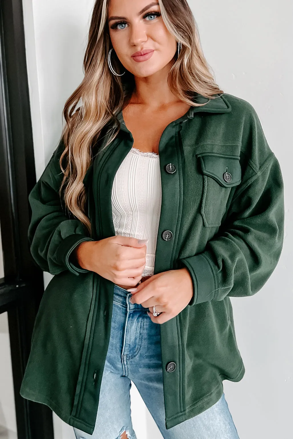 Cozy Campfire Nights Oversized Fleece Shacket (Army Green)