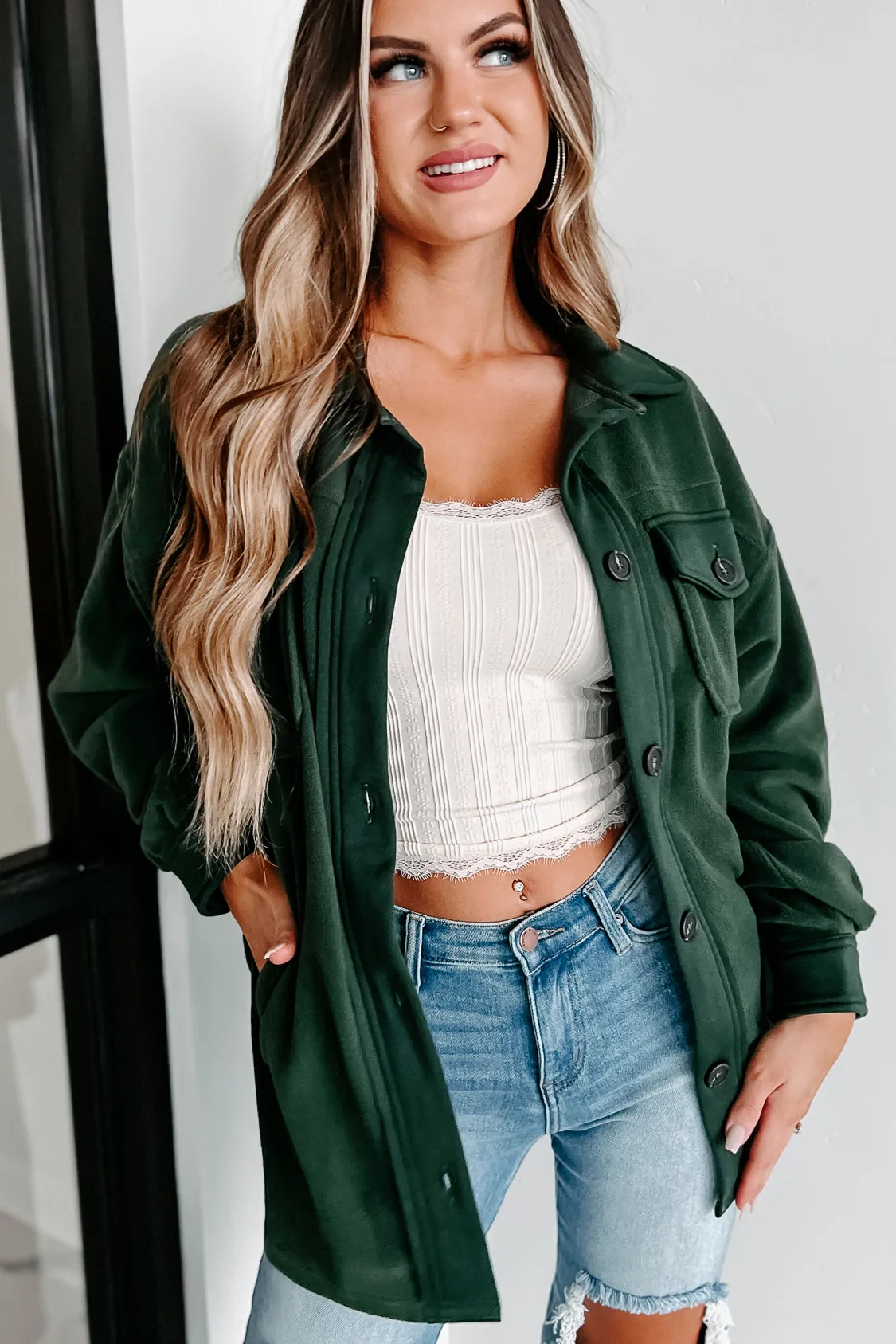 Cozy Campfire Nights Oversized Fleece Shacket (Army Green)