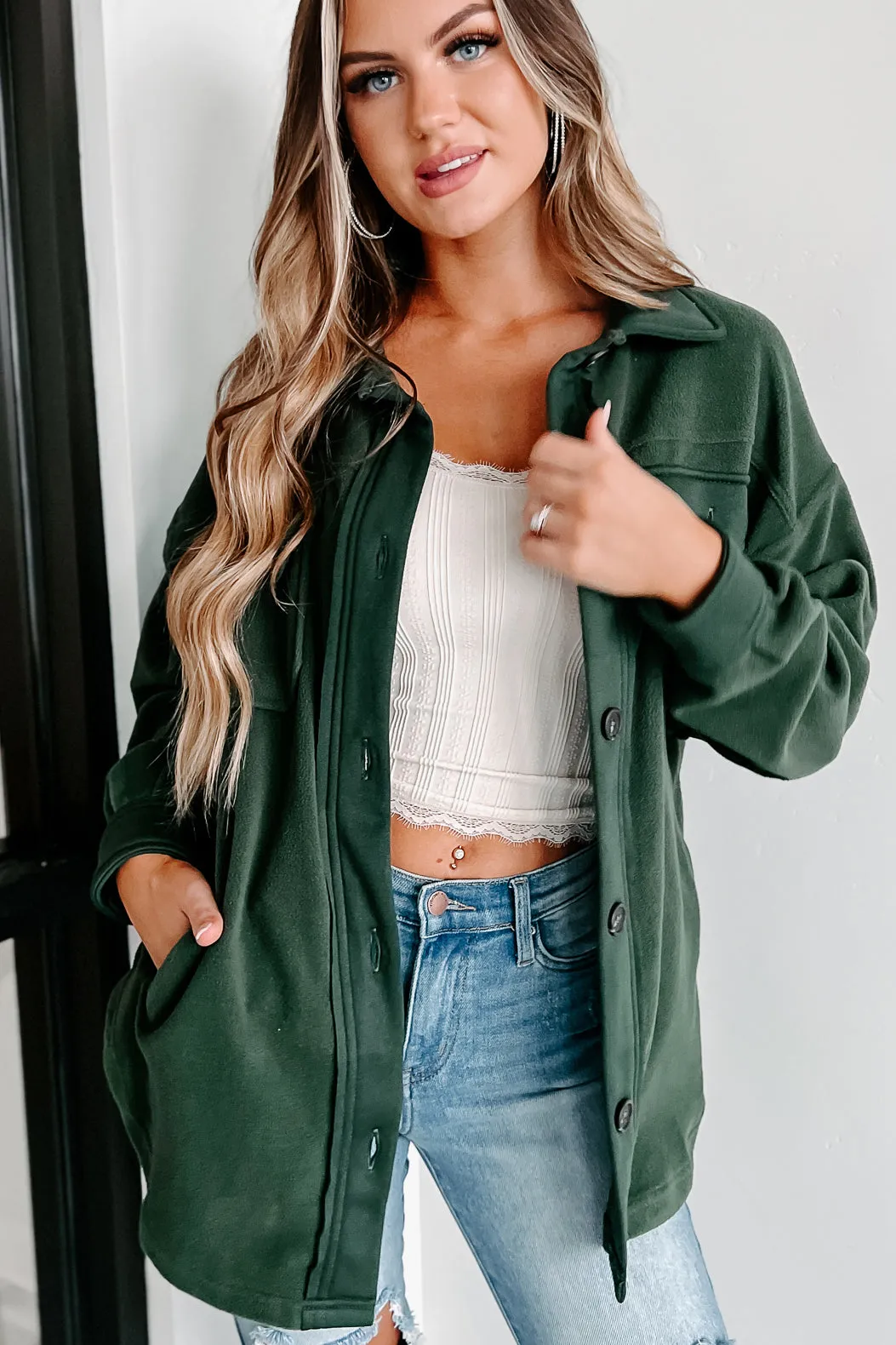 Cozy Campfire Nights Oversized Fleece Shacket (Army Green)