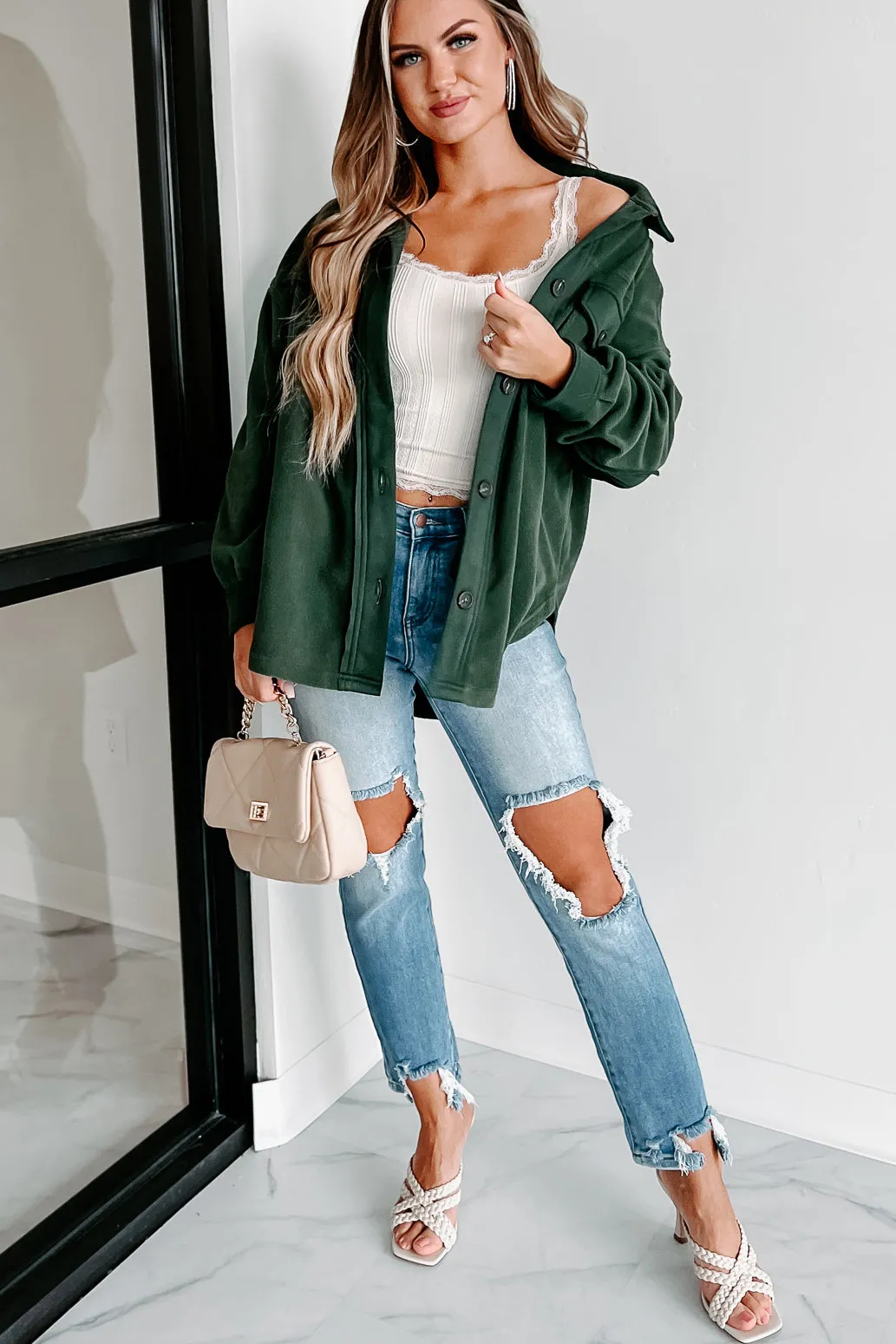 Cozy Campfire Nights Oversized Fleece Shacket (Army Green)