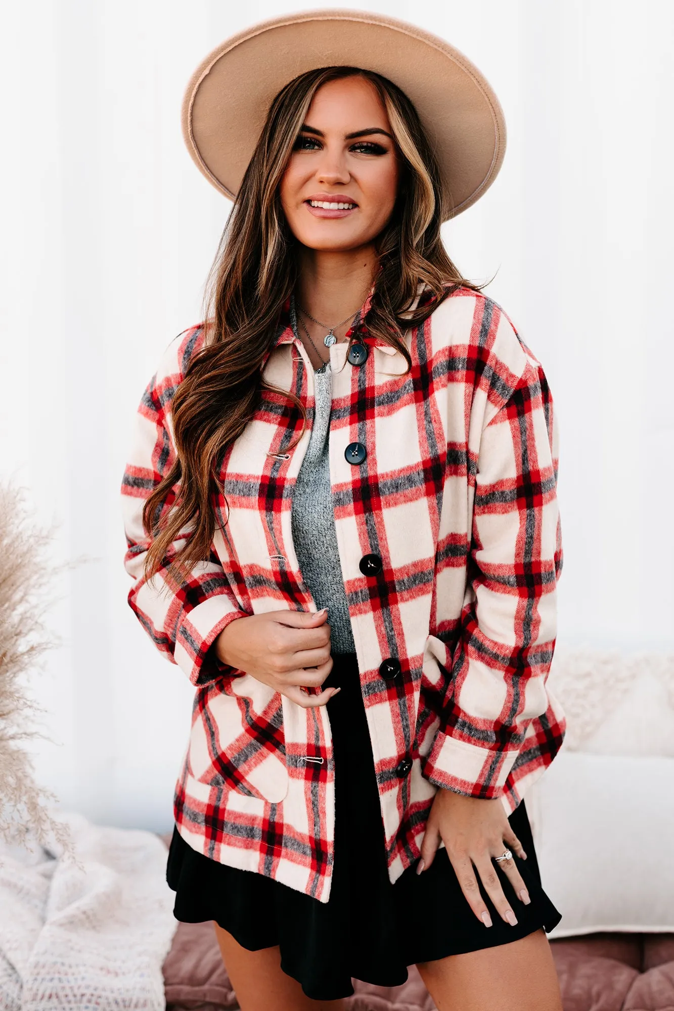 Cross Town Rivalry Oversized Plaid Shacket (Coral)