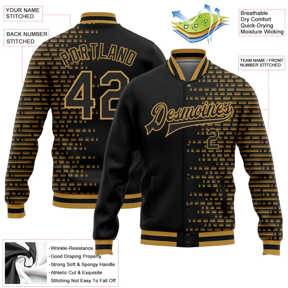 Custom Black Old Gold Halftone 3D Pattern Design Bomber Full-Snap Varsity Letterman Jacket