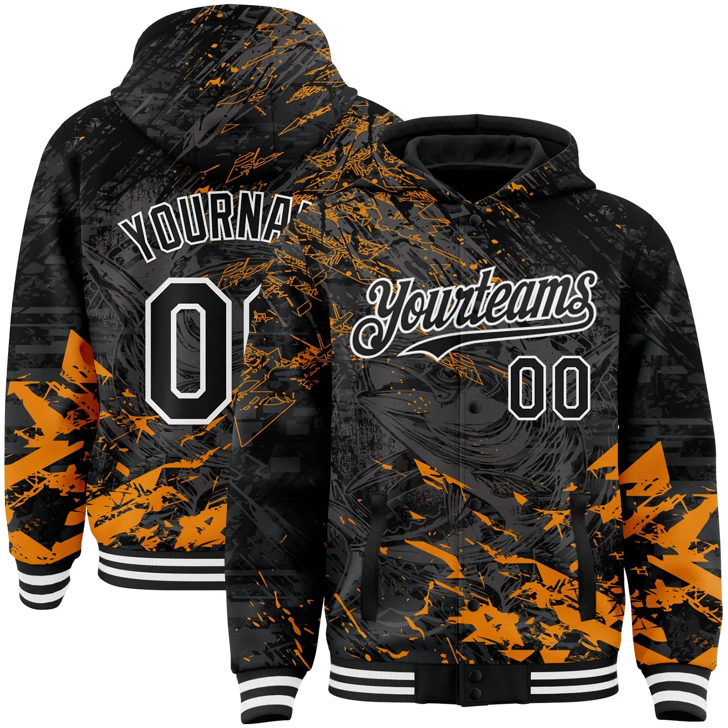 Custom Black Orange-White Tuna Fish Fishing 3D Bomber Full-Snap Varsity Letterman Hoodie Jacket