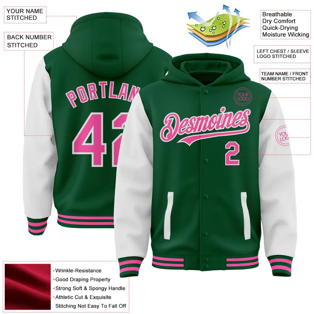 Custom Kelly Green Pink-White Bomber Full-Snap Varsity Letterman Two Tone Hoodie Jacket