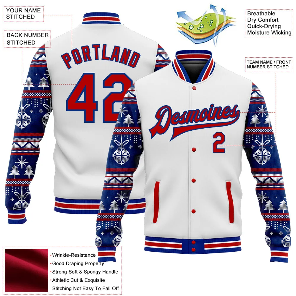 Custom White Red-Royal Christmas 3D Bomber Full-Snap Varsity Letterman Jacket