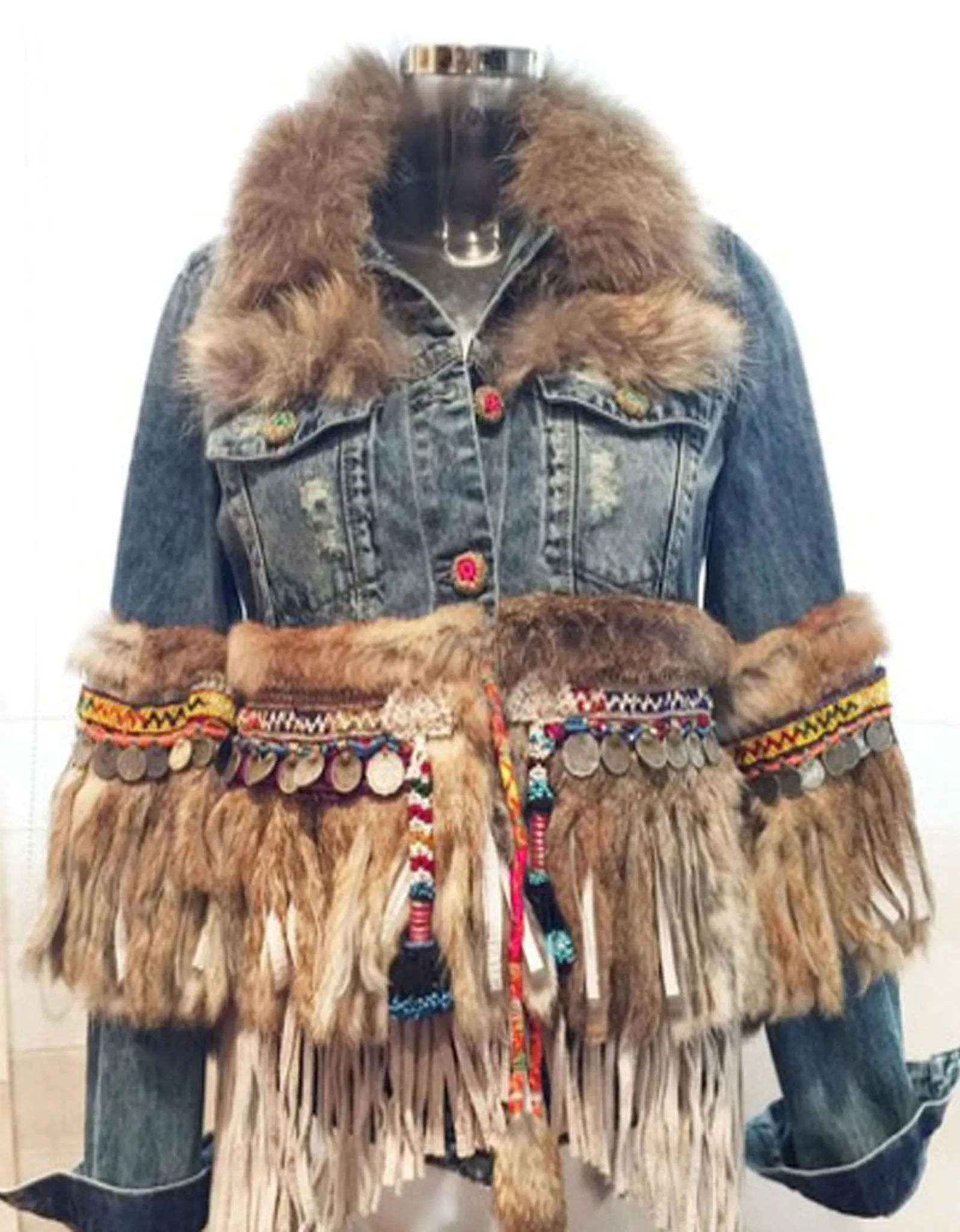 Denim Jacket with Fur Fringe