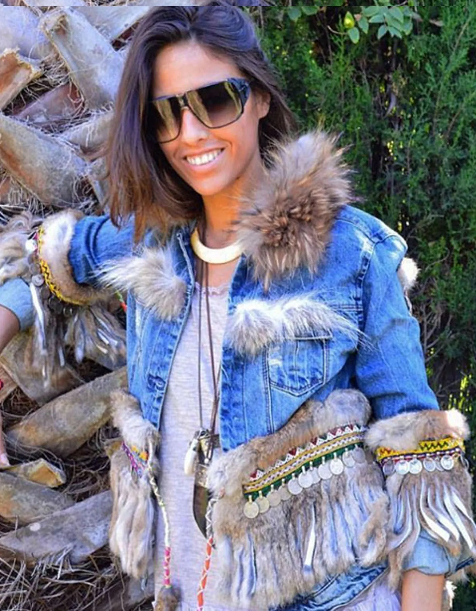 Denim Jacket with Fur Fringe