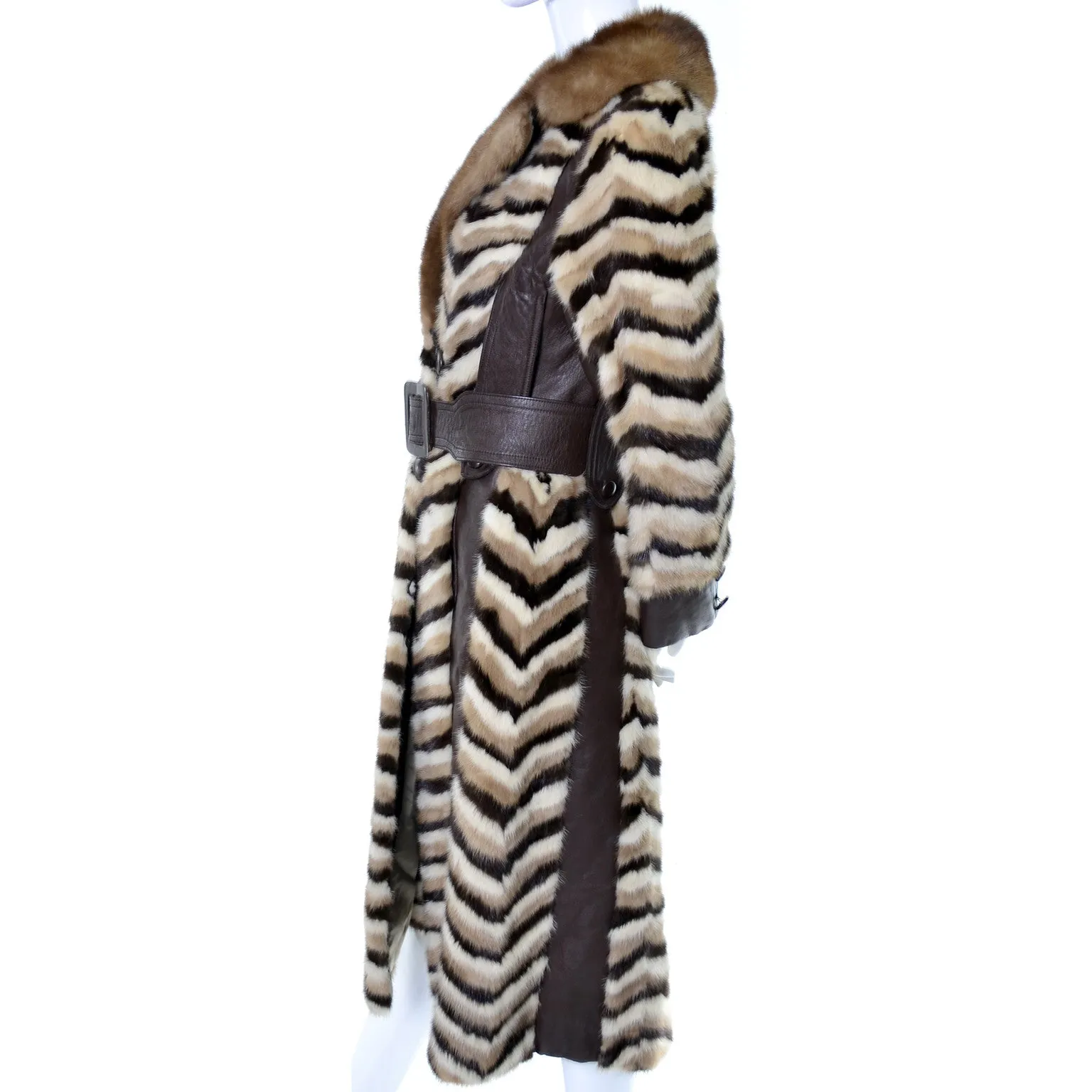 Donald Brooks 1960s Boutique Chevron Mink Fur and Leather Vintage Coat