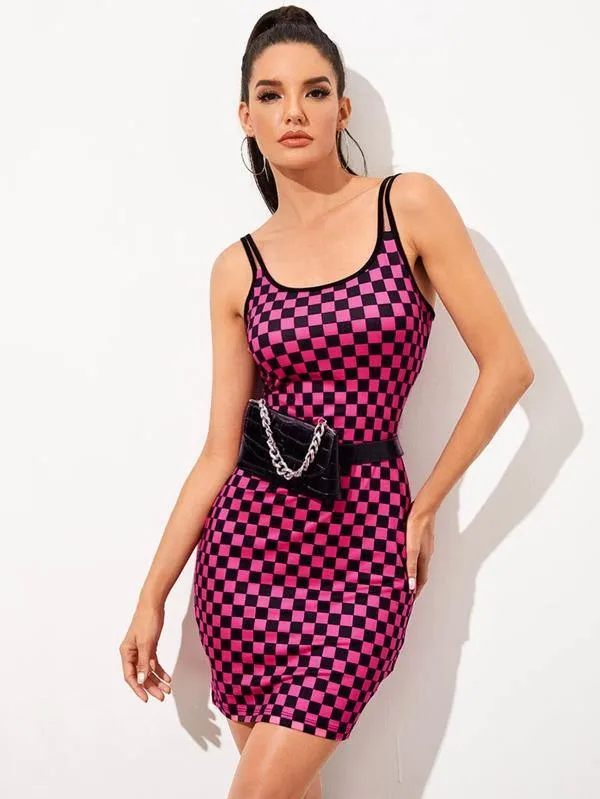 Double Strap Checkered Bodycon Dress