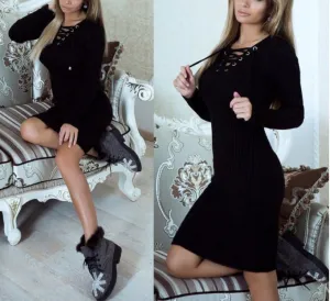 Fashion casual warm knitted bag hip midi dress