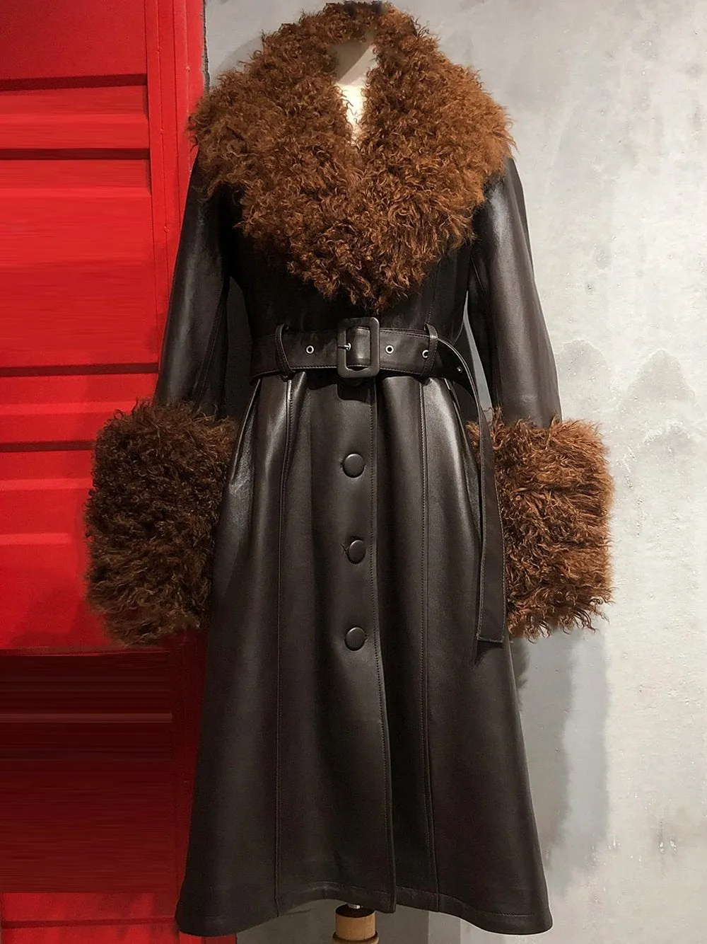 Faux Fur Genuine Leather Coat in Brown