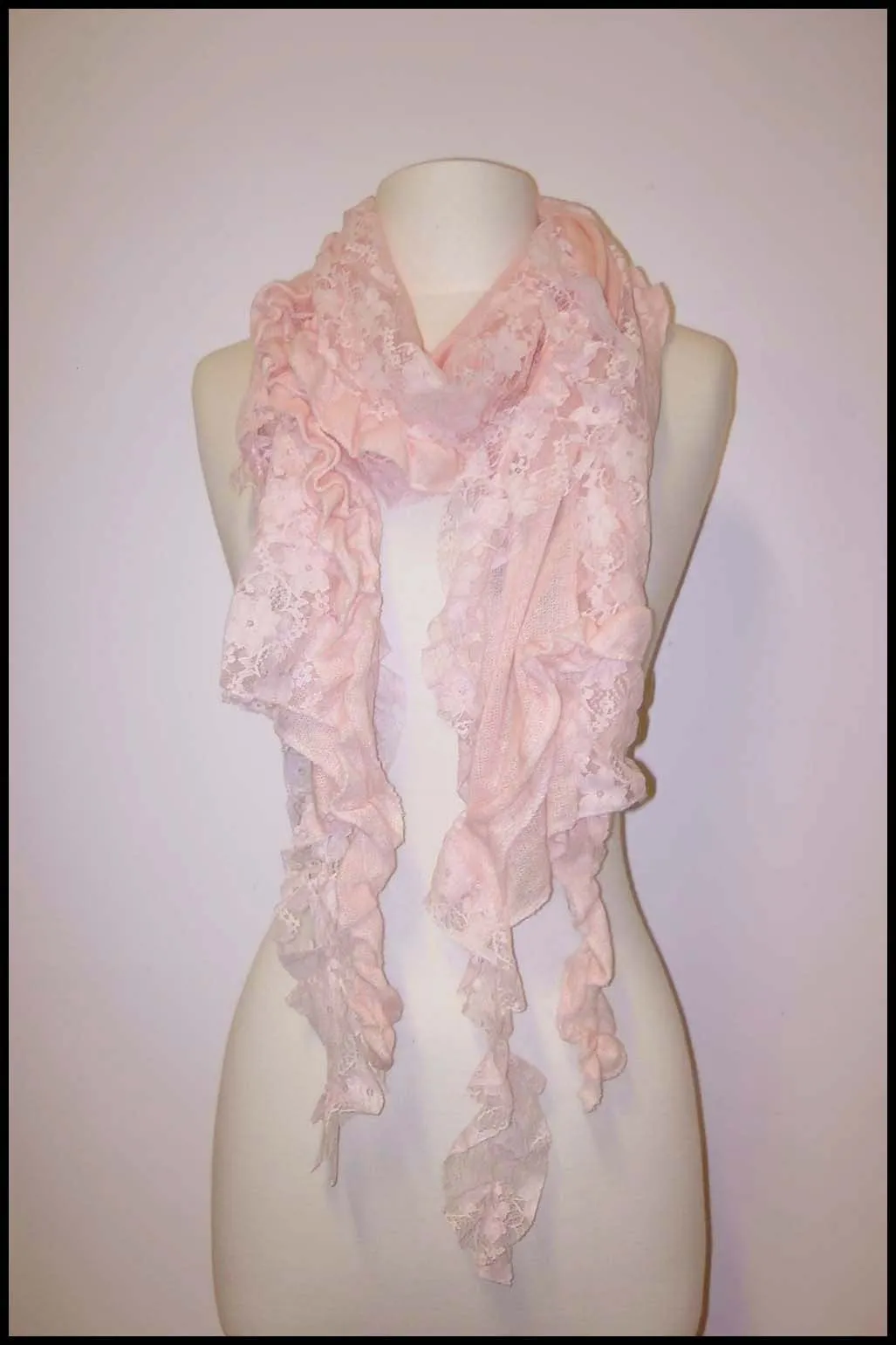 Fine Knit and Lace Scarf with Ruffled Edges