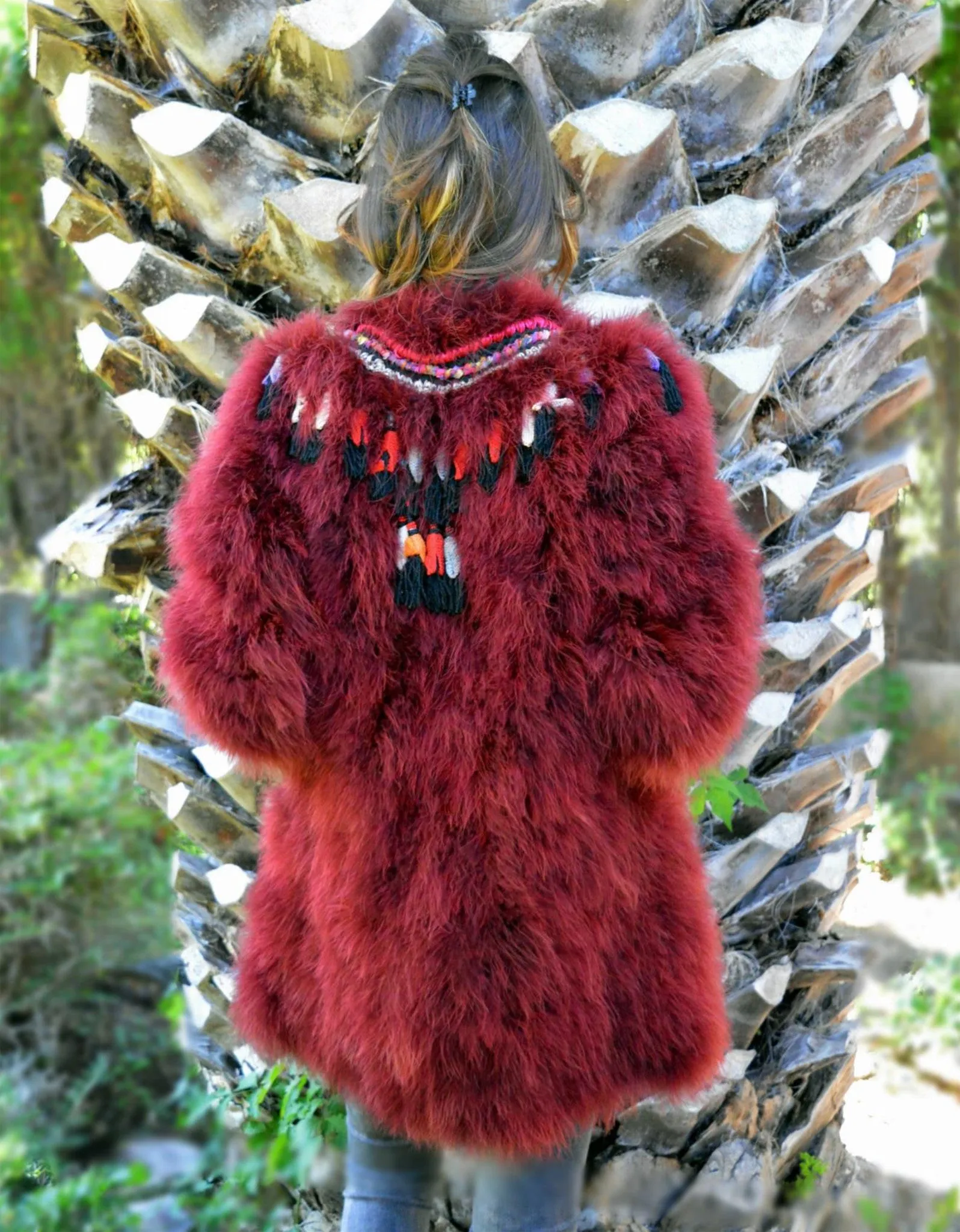 Fur Coat with Embellishment in Red