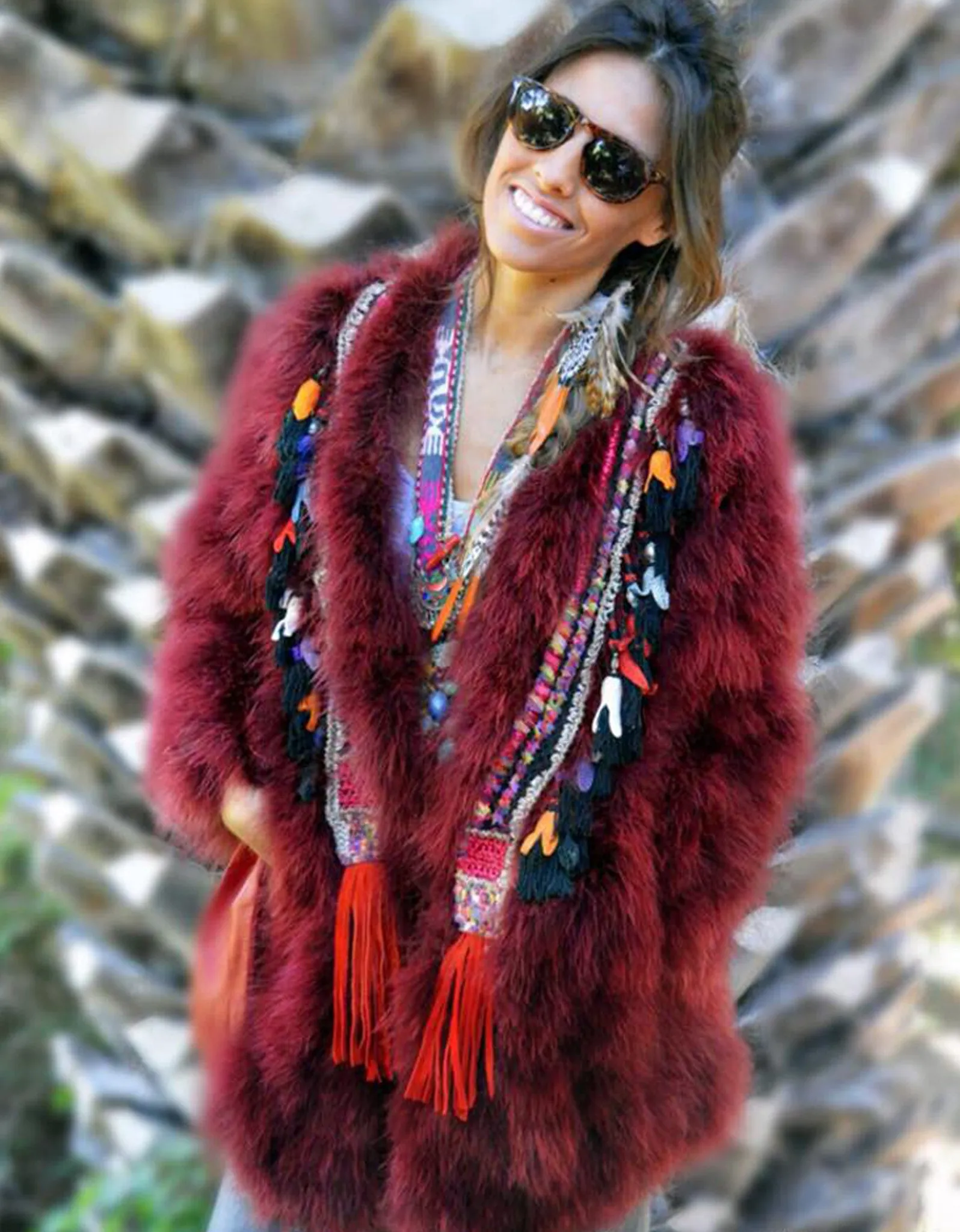 Fur Coat with Embellishment in Red