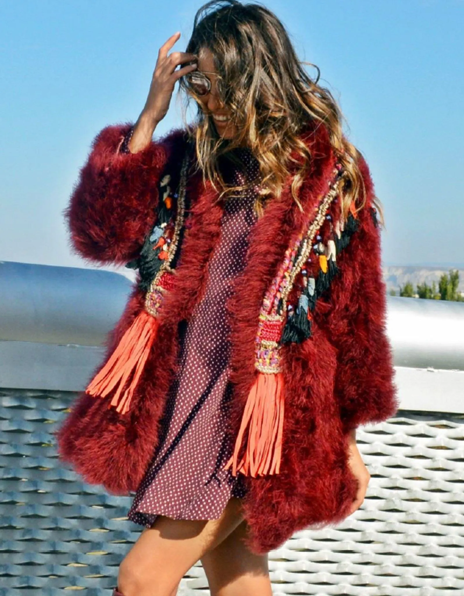 Fur Coat with Embellishment in Red