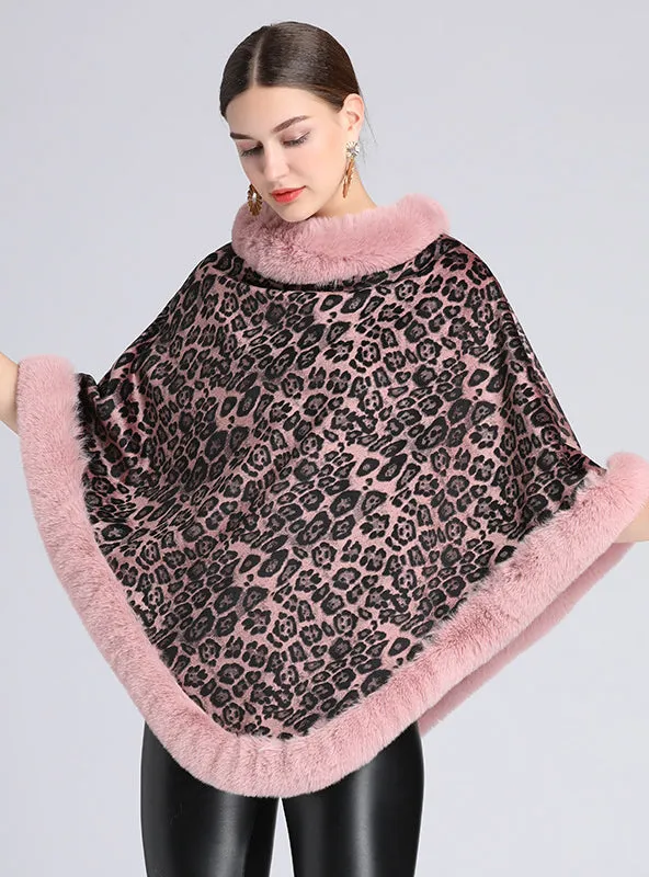 Fur-padded Fur Collar Cape Shawl Leopard-print Woolen Coat