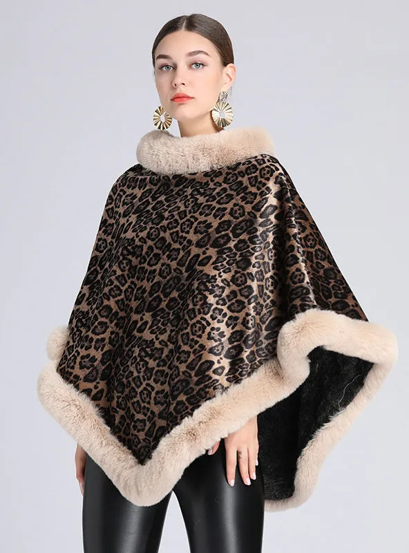 Fur-padded Fur Collar Cape Shawl Leopard-print Woolen Coat