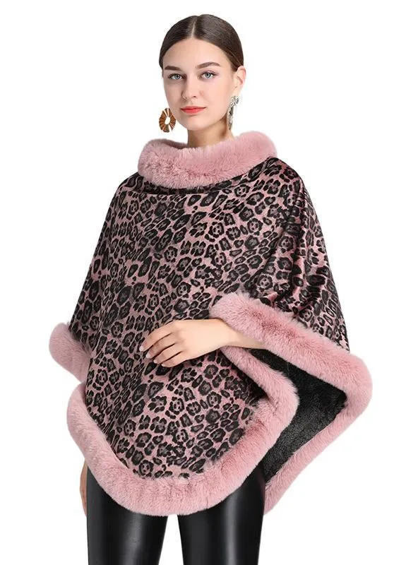 Fur-padded Fur Collar Cape Shawl Leopard-print Woolen Coat