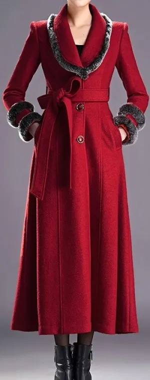 Fur-Trimmed Long Single-Breasted Wool Coat