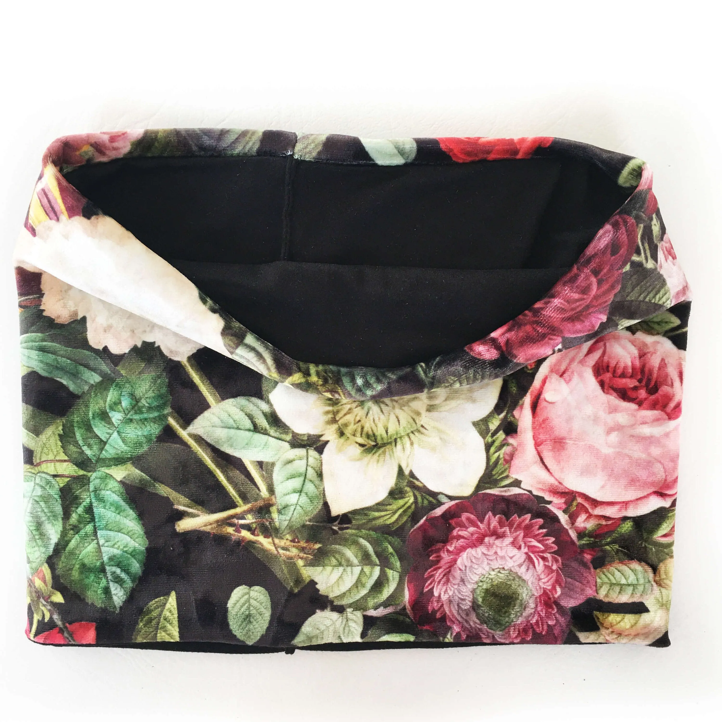 Garden Floral Black, Versatile Scarf, Headband, HatBand, Neck Warmer, Ladies Scarf, Velour Scarf, Designer Gaiter, Handpainted and printed