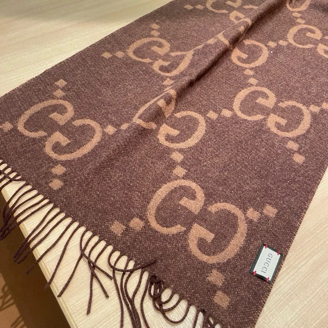 GG JACQUARD PATTERN KNIT SCARF 195 CM WITH TASSELS CHESTNUT BROWN 403749