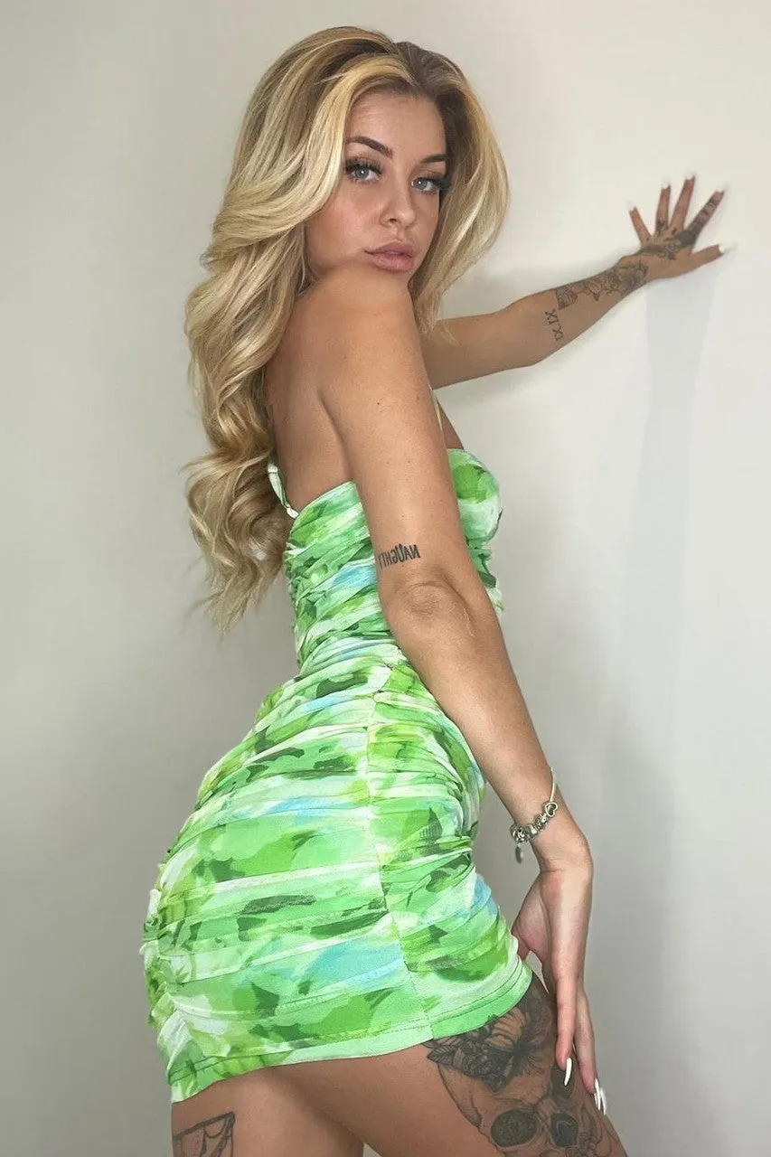 Green Print Ruched Mini Dress