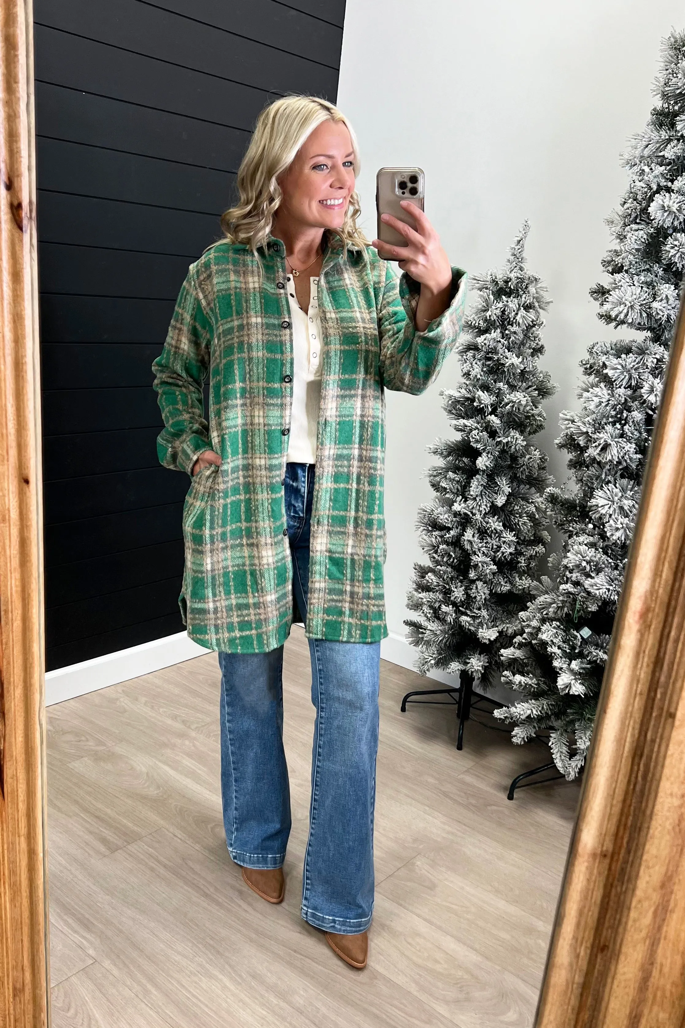 Green Savoring The Moments Long Plaid Shacket