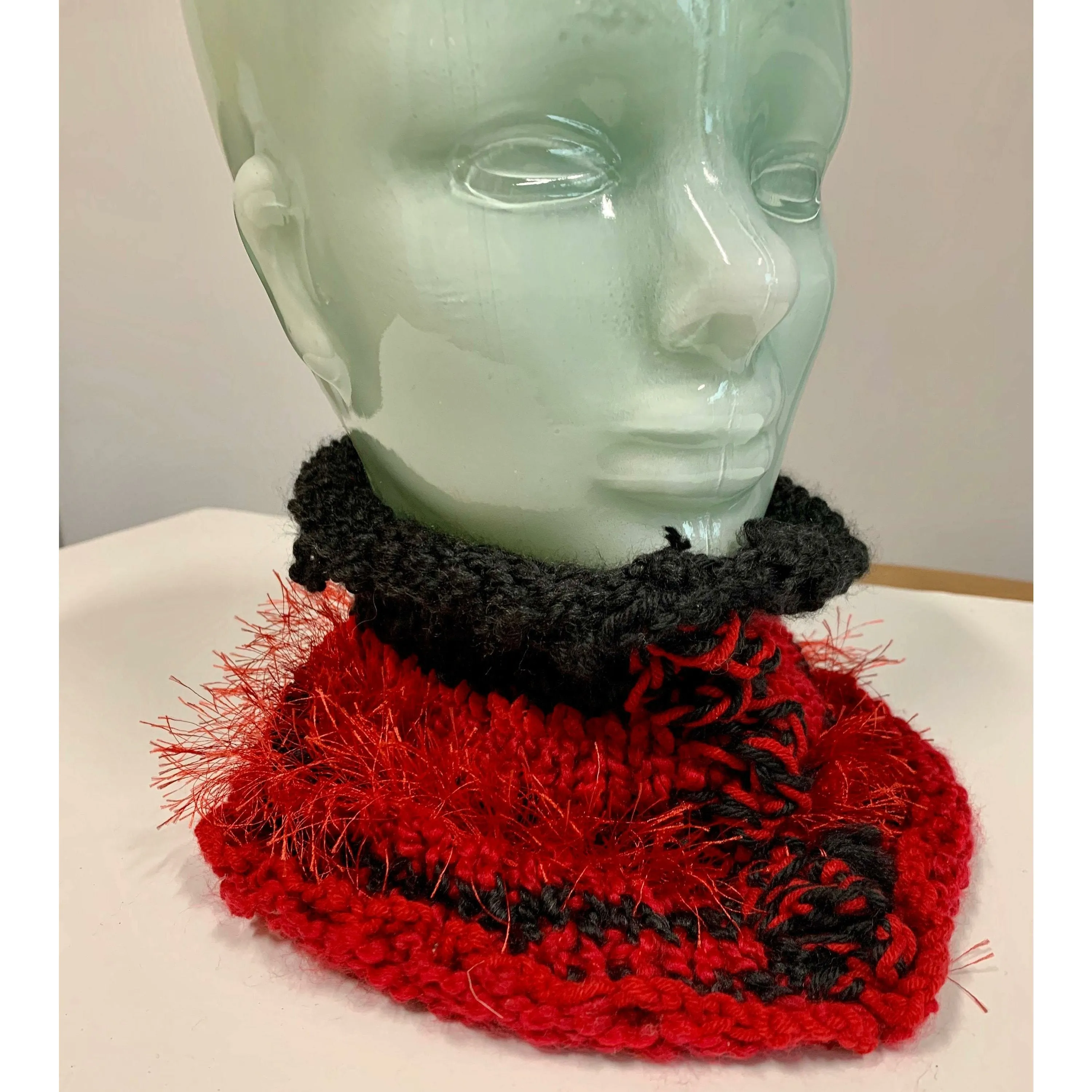 Hand knit shades of Red soft infinity scarf or Head band hat adornment with multiple stitch and color textures. Non wool.