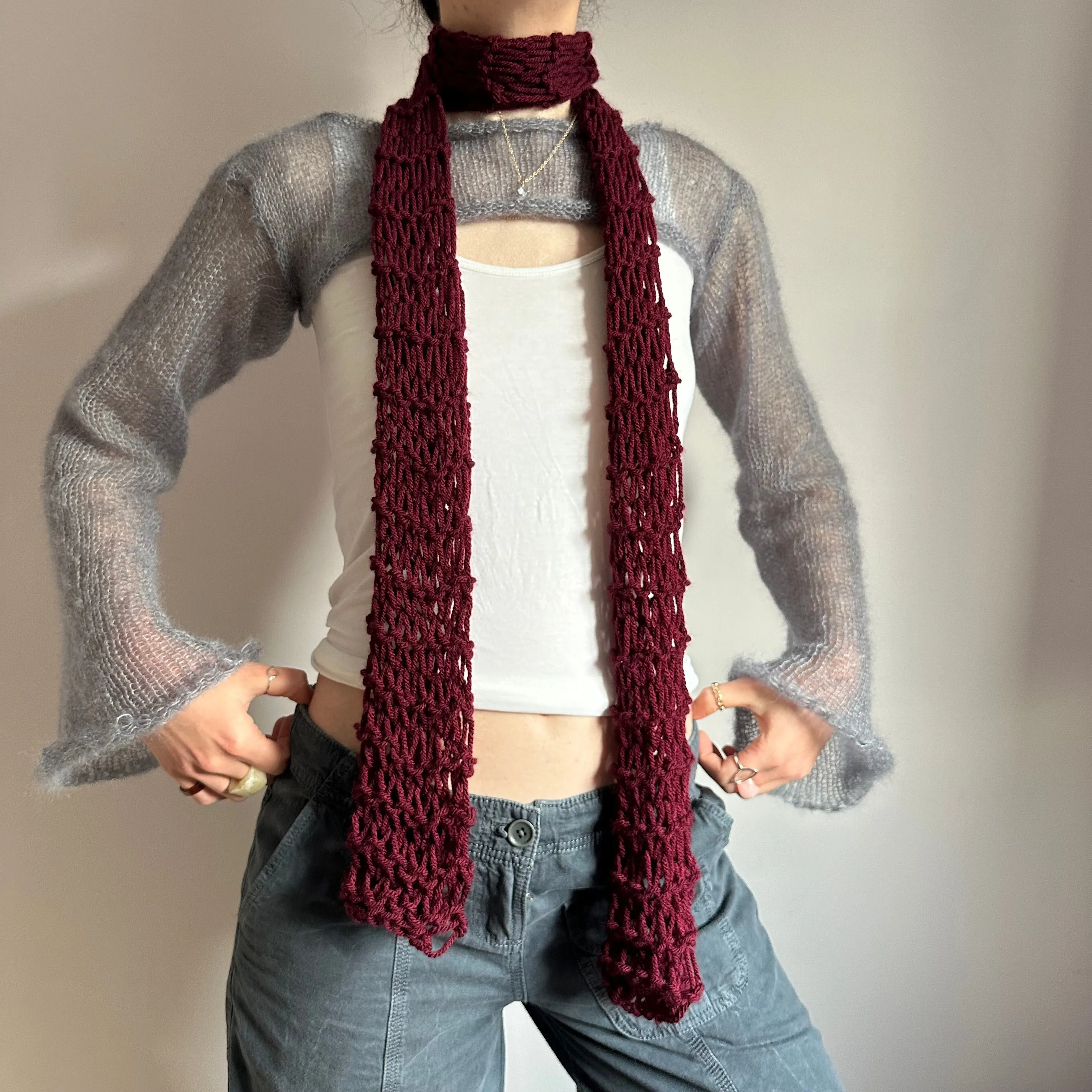 Handmade fishnet knitted scarf in burgundy