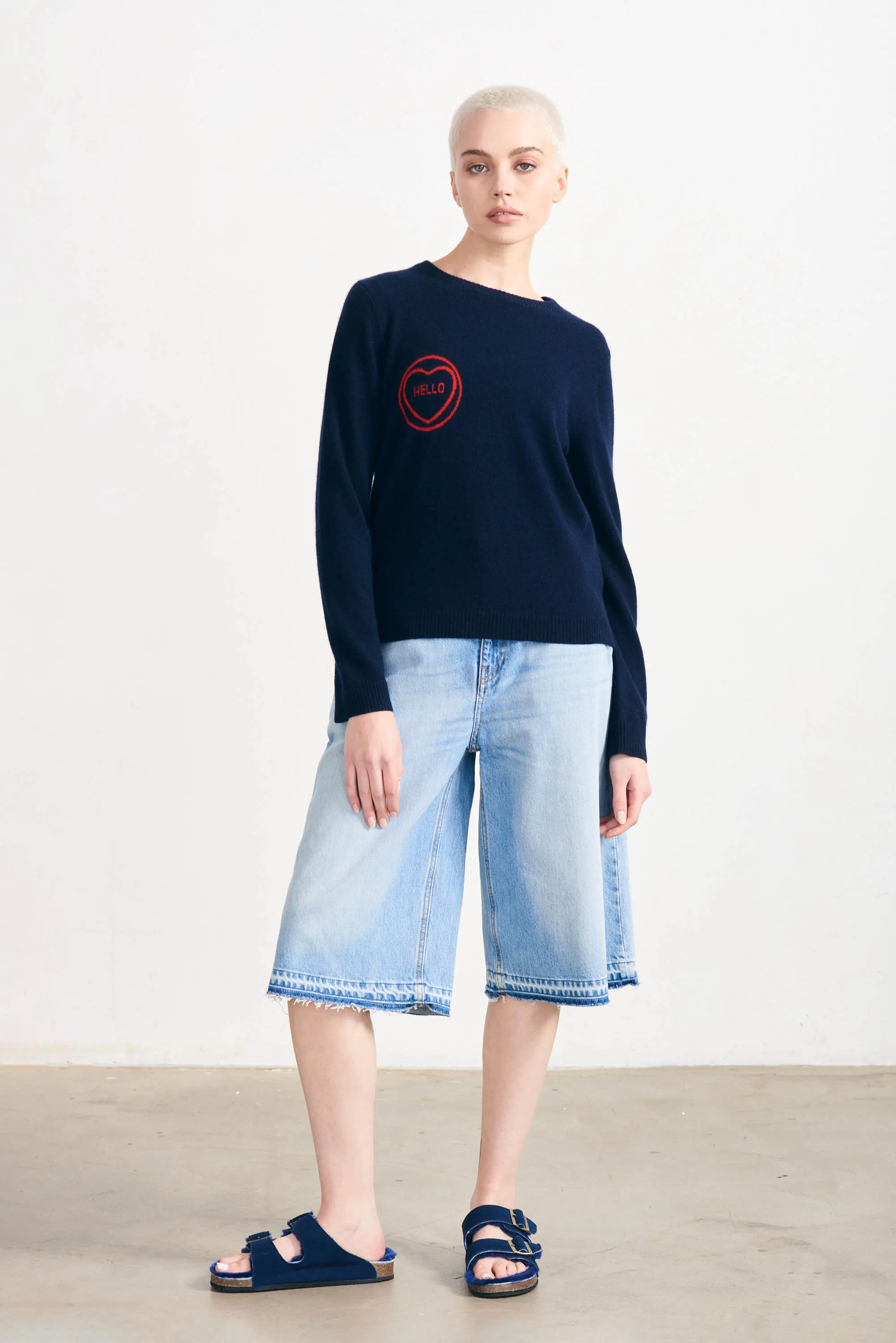 Hello Cashmere Crew in Navy and Red