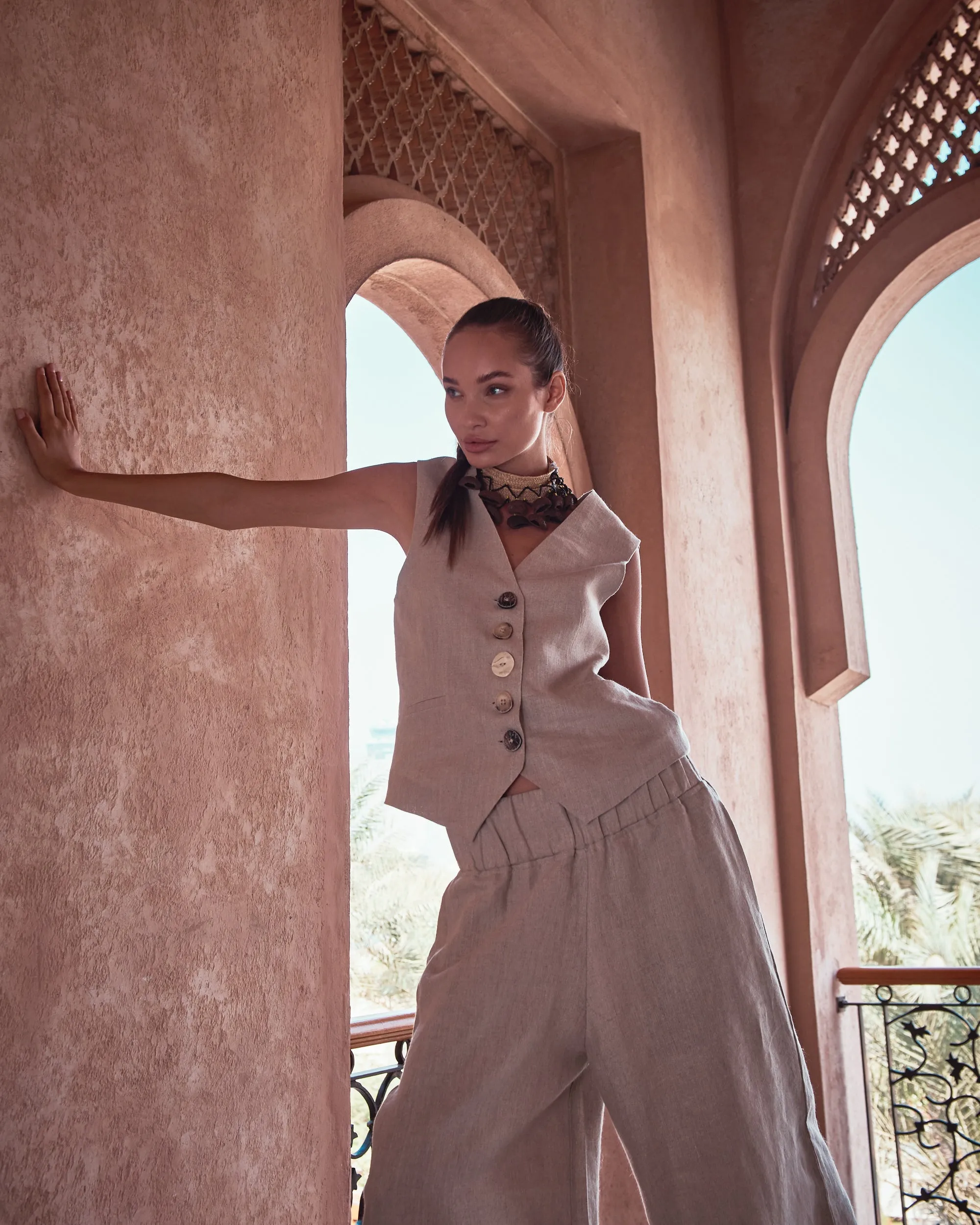  Hemp Linen Beige Waistcoat