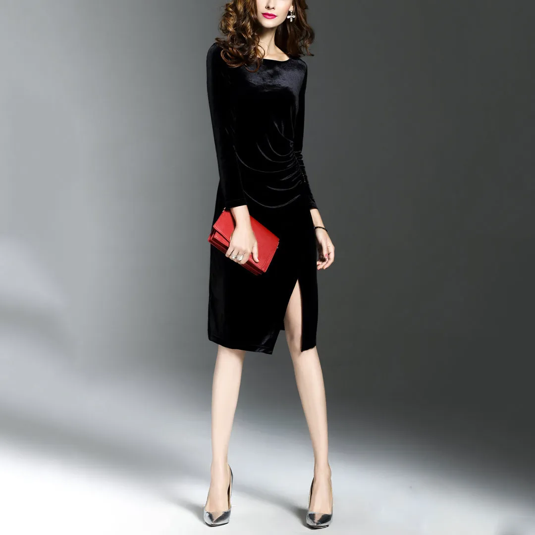 Intellectual elegant temperament gold velvet dress female long-sleeved fashion slim slimming mid-length skirt waist bag hip dress