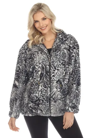 Johnny Was Workshop Smoke Leopard Faux Fur Drawstring Coat Boho Chic W49722-O