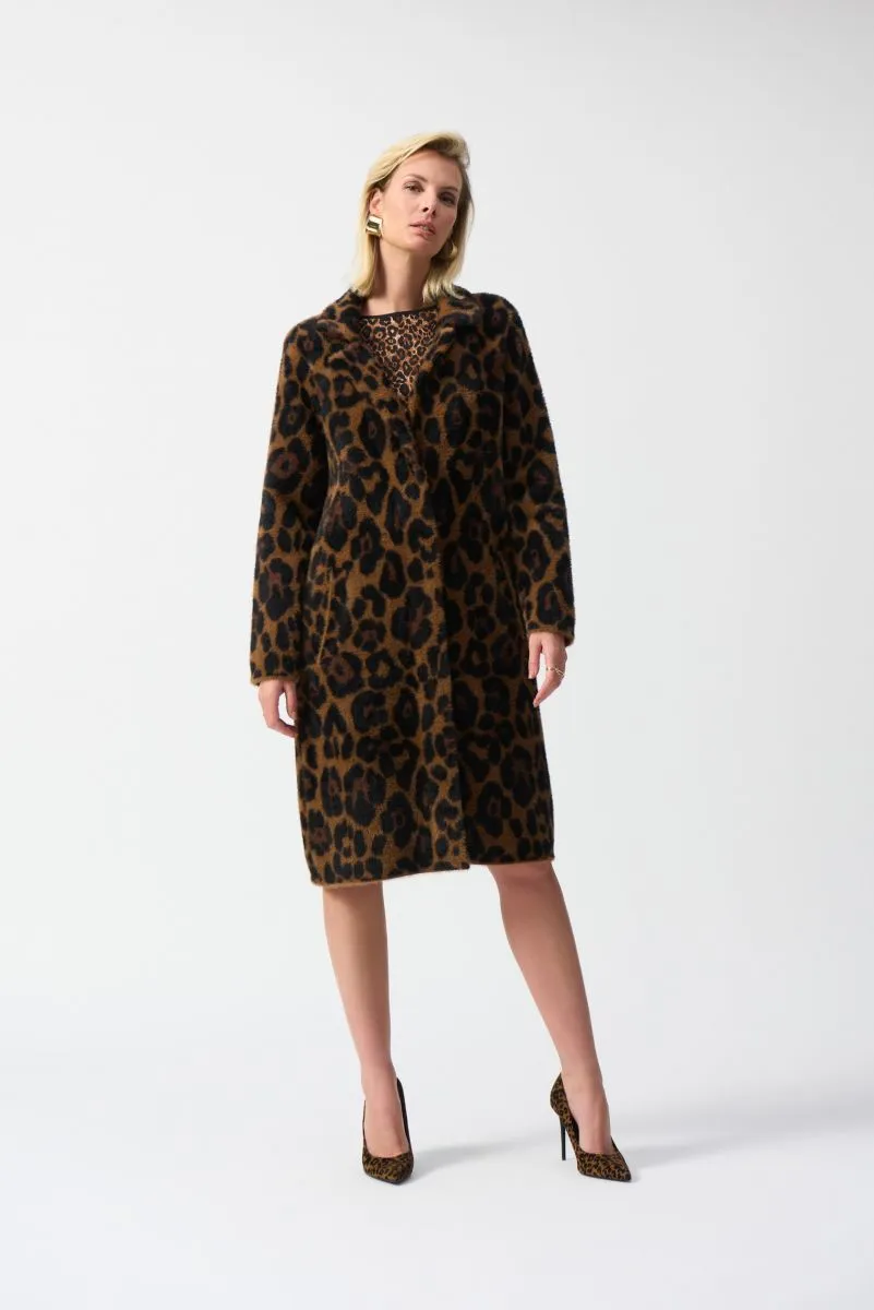 Joseph Ribkoff Beige/Black Animal Print Plush Knit Coat 244956