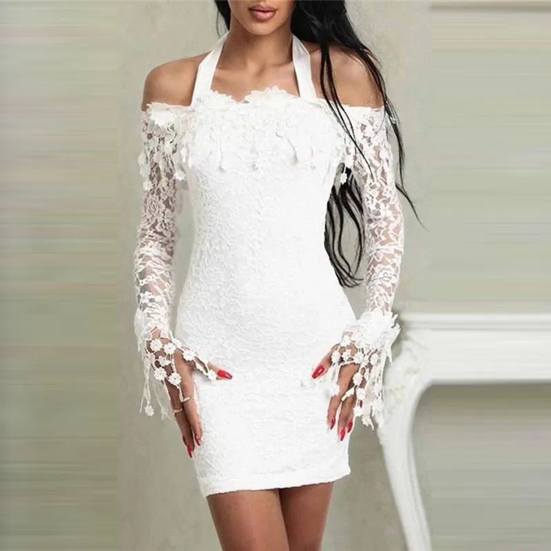 Ladies tie long sleeve party club mini dress women solid color lace strapless dress ladies floral dress