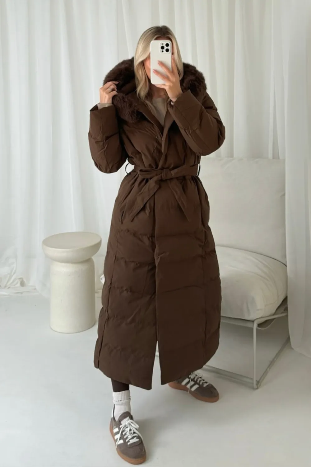 Laurena chocolate long padded hooded puffer coat