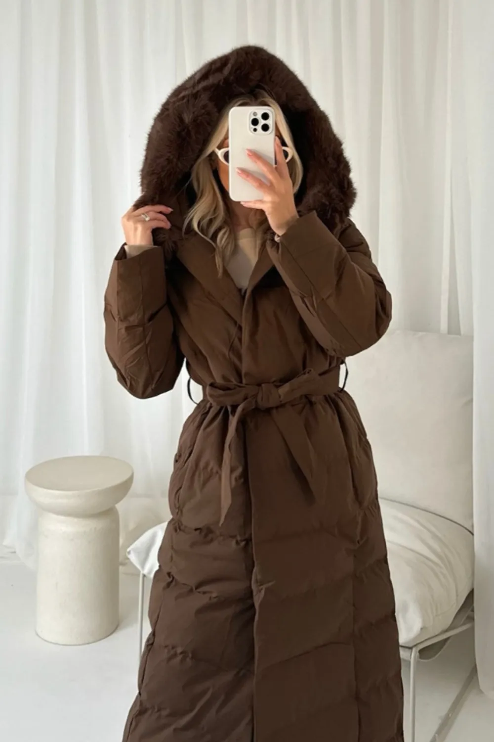 Laurena chocolate long padded hooded puffer coat