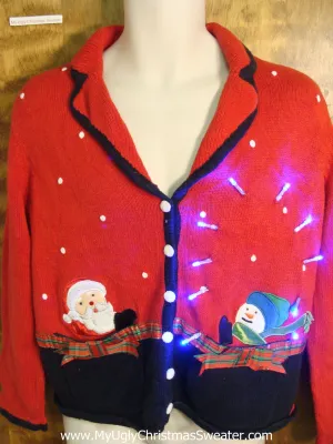 Light Up Ugly Xmas Sweater with Santa and Snowman