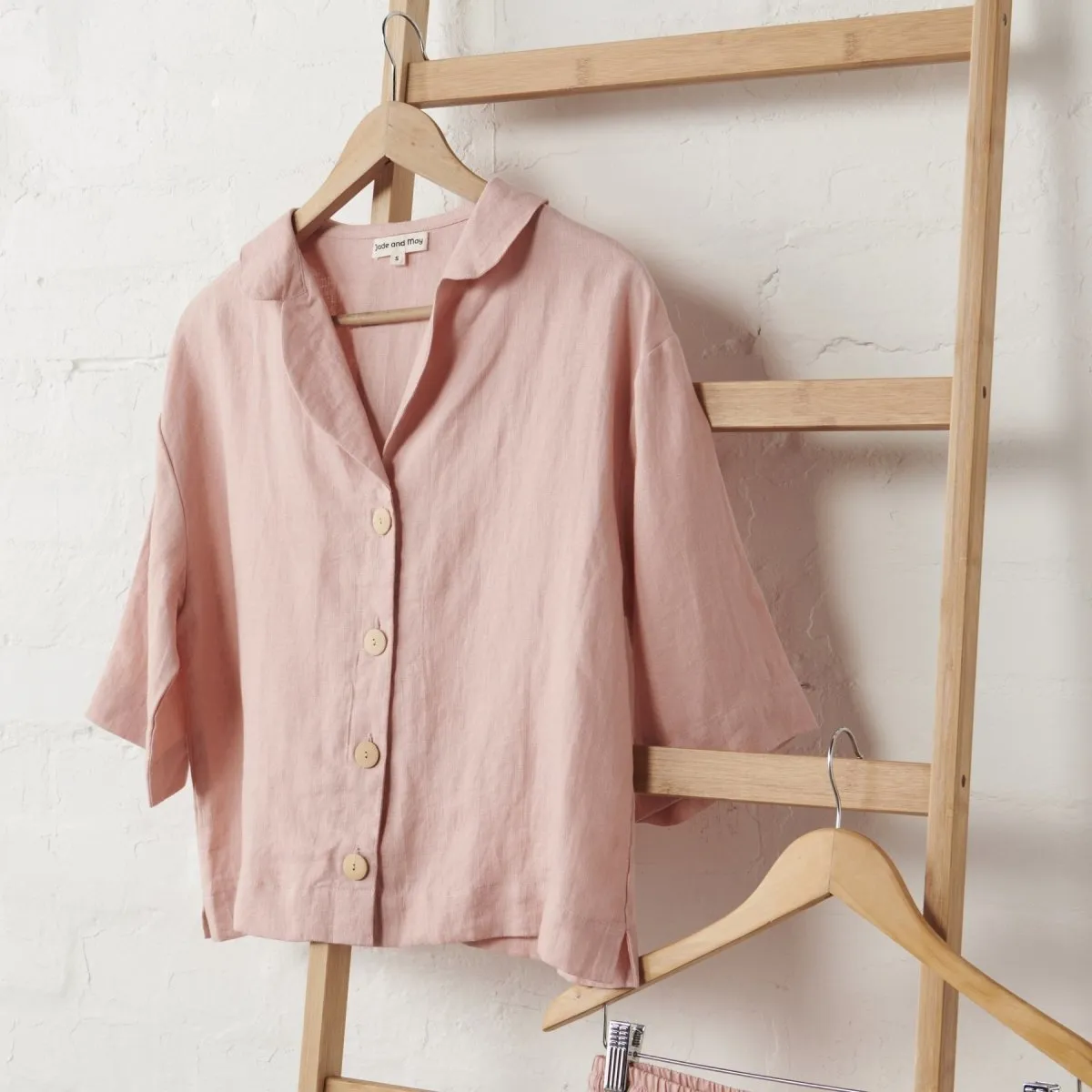 Linen Crop Button Up and Short PJ Set - Pink