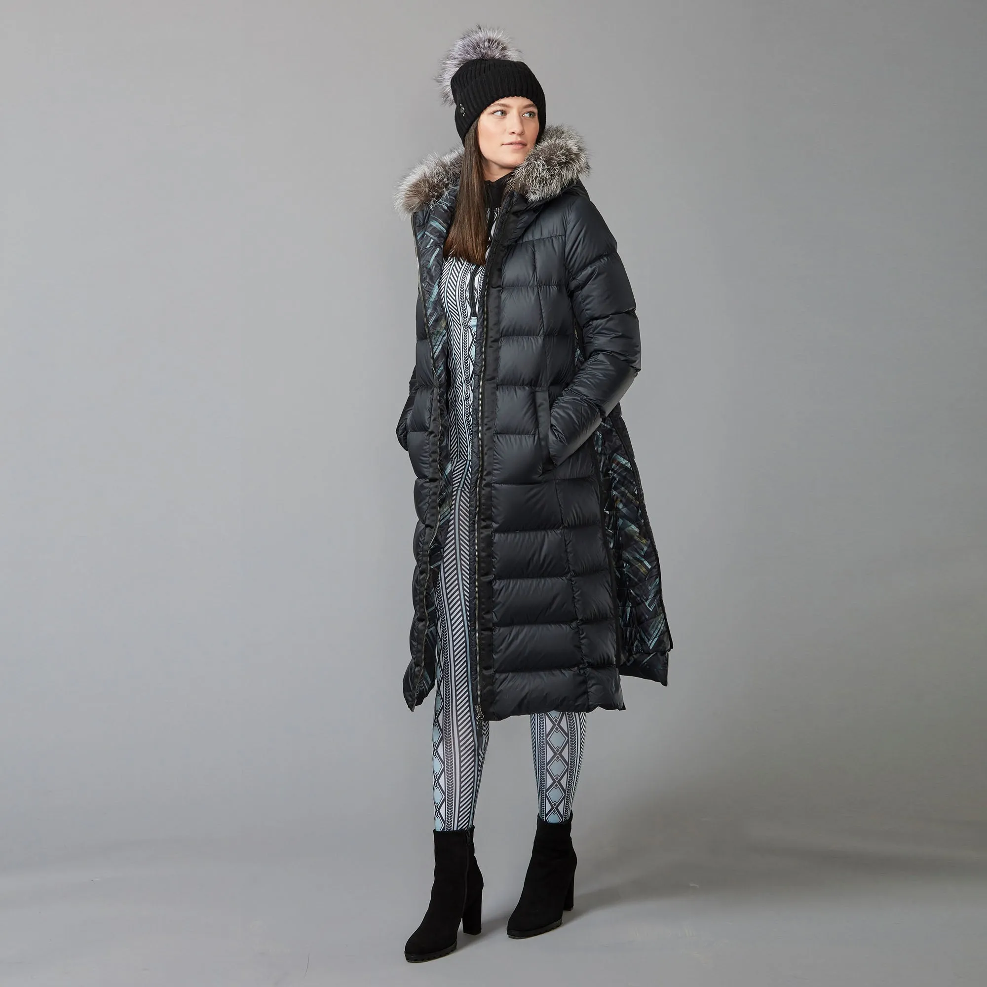 LONG A-LINE DOWN COAT WITH UPCYCLED FUR