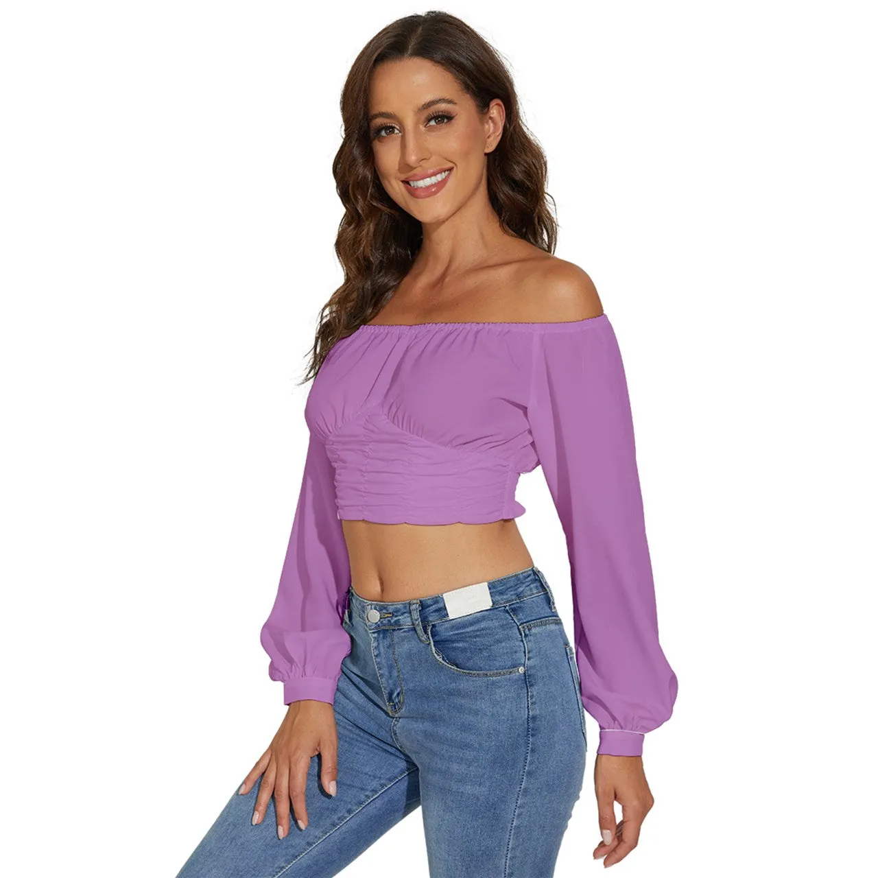 Long Sleeve Crinkled Weave Crop Top - Pearly Purple