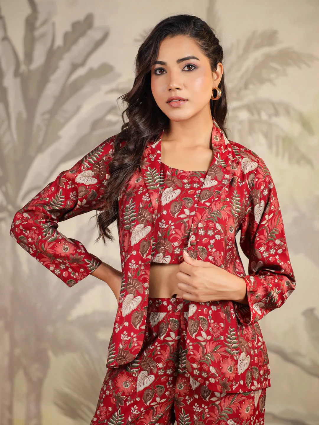 Maroon Silk Blend Floral Printed Top With Pant & Jacket Set