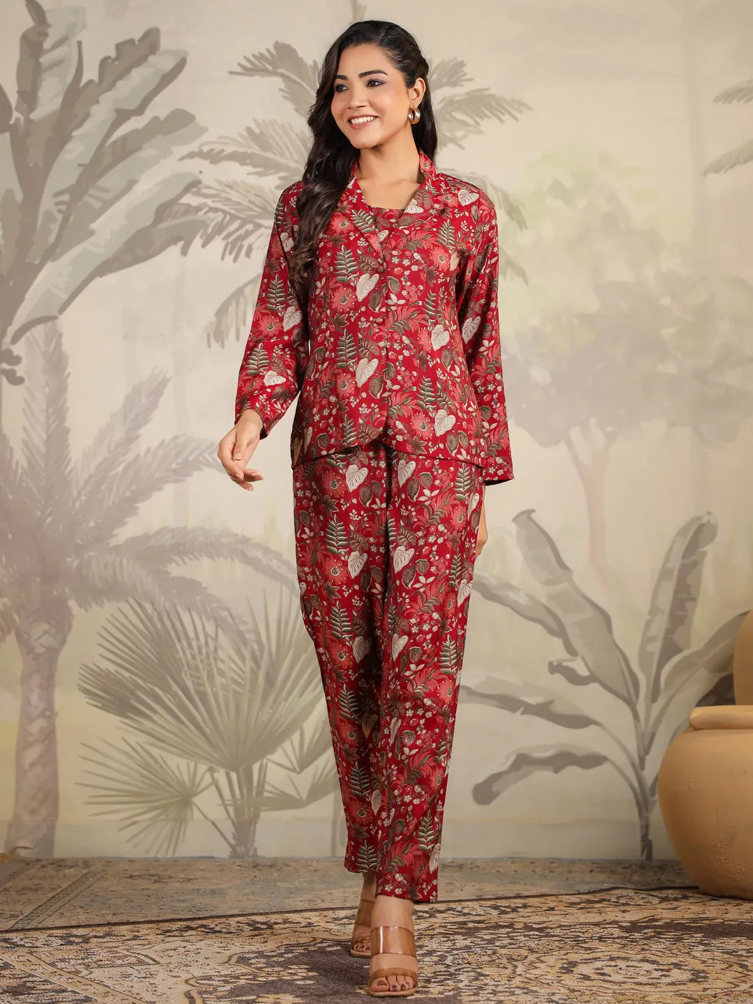 Maroon Silk Blend Floral Printed Top With Pant & Jacket Set