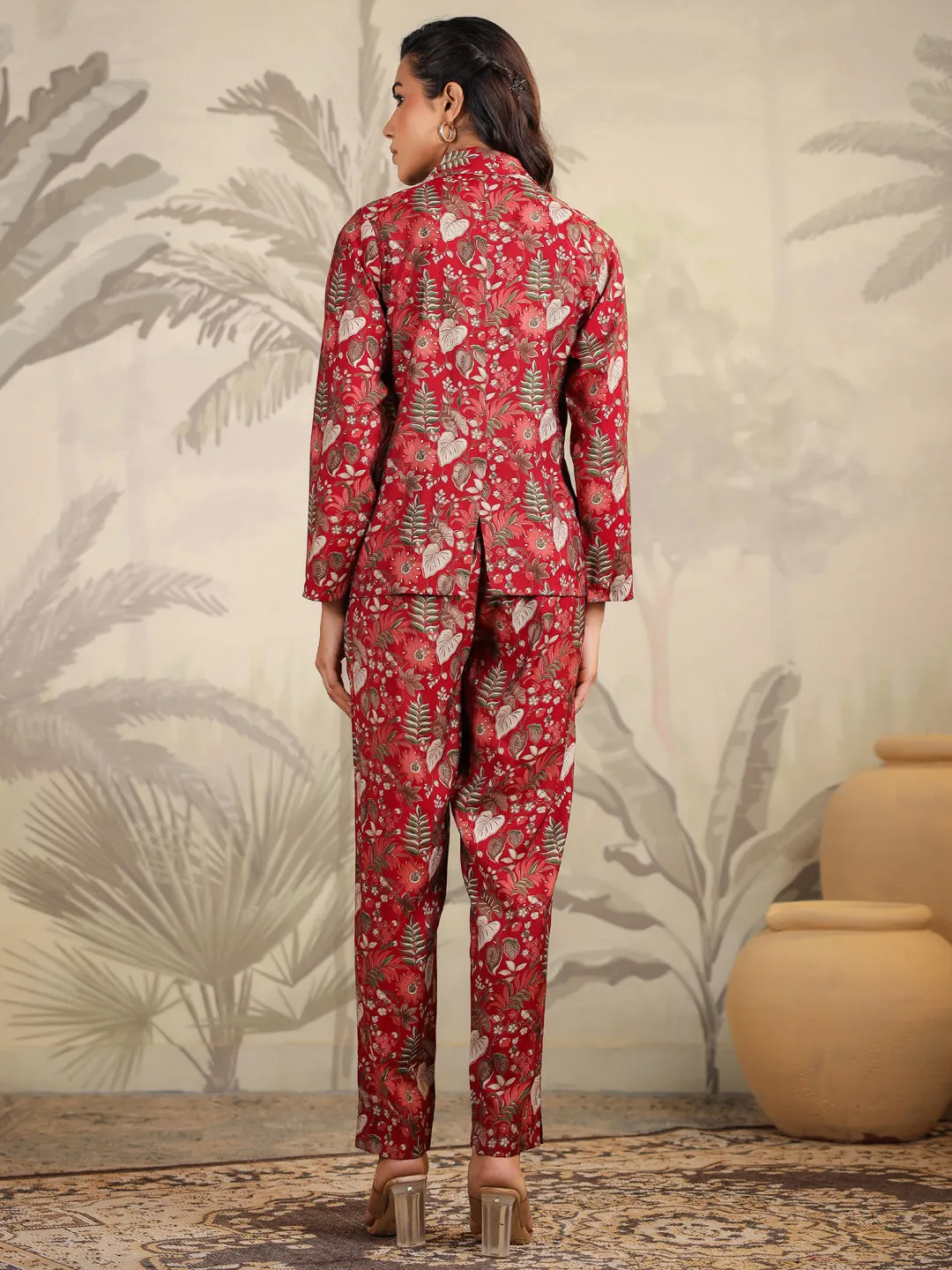 Maroon Silk Blend Floral Printed Top With Pant & Jacket Set