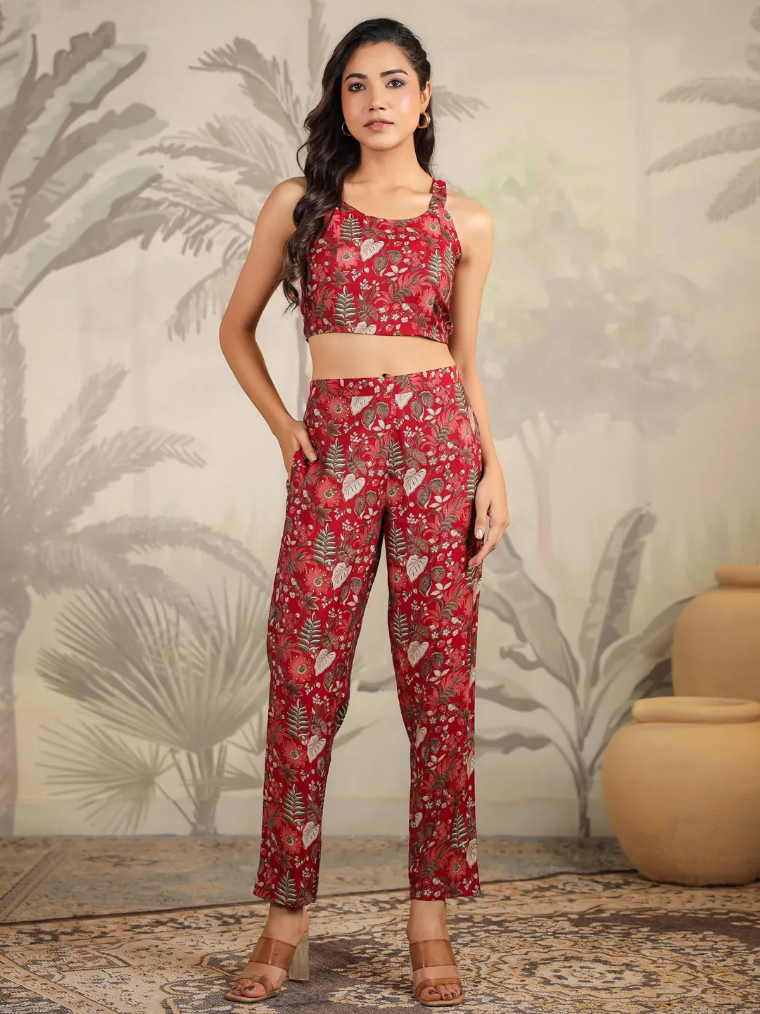 Maroon Silk Blend Floral Printed Top With Pant & Jacket Set