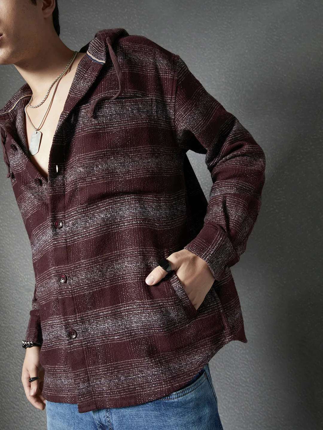 Men Relaxed fit shadow checked cotton Maroon off white hooded full sleeve shacket