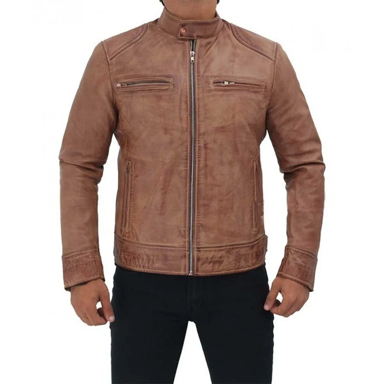 Men Rib Brown Real Leather Jacket