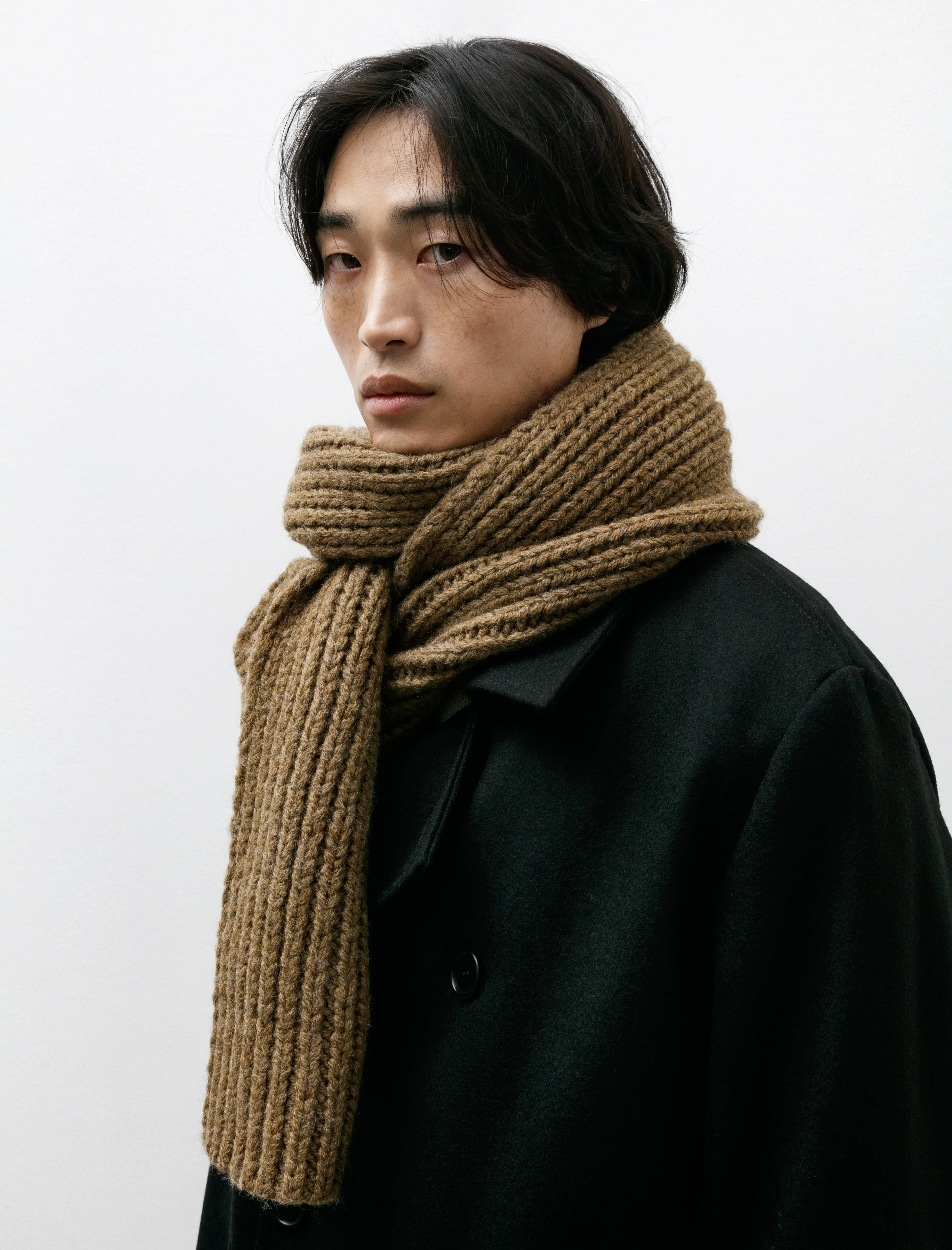 MHL Chunky Rib Scarf British Wool Olive