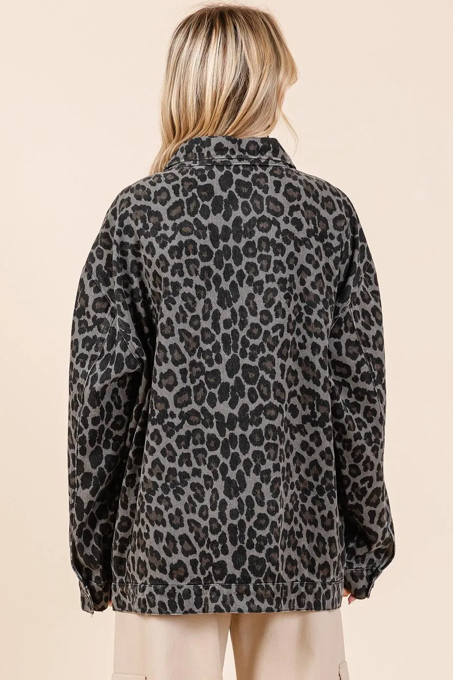 Mittoshop Leopard Shacket Button Up Denim with Breast Pockets