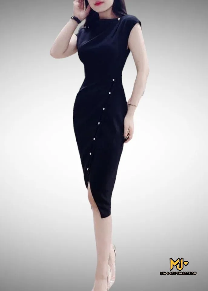 MJV836 Elegant Faux Wrap Body-Con Dress